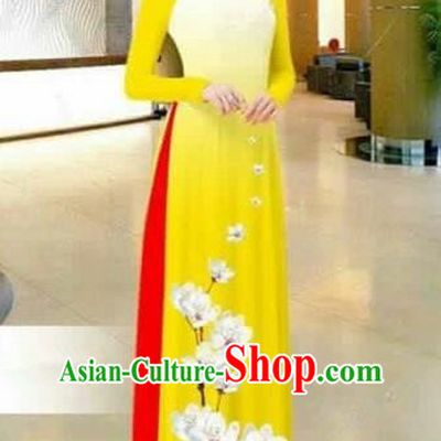 Traditional Top Grade Asian Vietnamese Costumes Dance Dress, Vietnam National Female Printing Flowers Yellow Ao Dai Dress Stand Collar Cheongsam Clothing for Women