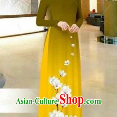 Traditional Top Grade Asian Vietnamese Costumes Dance Dress, Vietnam National Female Printing Flowers Olive Green Ao Dai Dress Stand Collar Cheongsam Clothing for Women