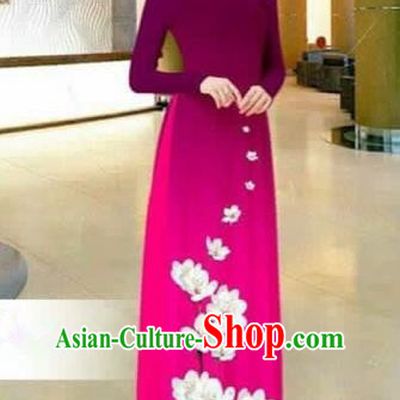 Traditional Top Grade Asian Vietnamese Costumes Dance Dress, Vietnam National Female Printing Flowers Wine Red Ao Dai Dress Stand Collar Cheongsam Clothing for Women