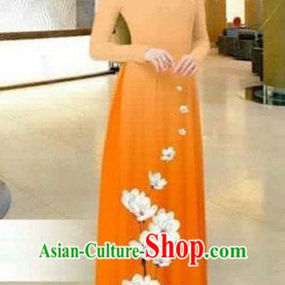 Traditional Top Grade Asian Vietnamese Costumes Dance Dress, Vietnam National Female Printing Flowers Orange Ao Dai Dress Stand Collar Cheongsam Clothing for Women