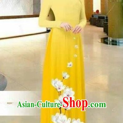Traditional Top Grade Asian Vietnamese Costumes Dance Dress, Vietnam National Female Printing Flowers Bright Yellow Ao Dai Dress Stand Collar Cheongsam Clothing for Women