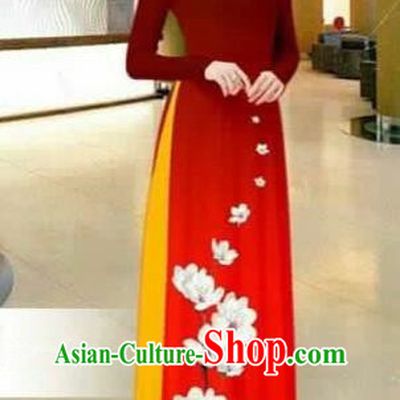 Traditional Top Grade Asian Vietnamese Costumes Dance Dress, Vietnam National Female Printing Flowers Red Ao Dai Dress Stand Collar Cheongsam Clothing for Women
