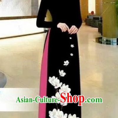 Traditional Top Grade Asian Vietnamese Costumes Dance Dress, Vietnam National Female Printing Flowers Black Ao Dai Dress Stand Collar Cheongsam Clothing for Women
