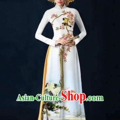 Traditional Top Grade Asian Vietnamese Costumes Dance Dress and Pants, Vietnam National Female Printing Crane White Ao Dai Dress Cheongsam Clothing Complete Set for Women