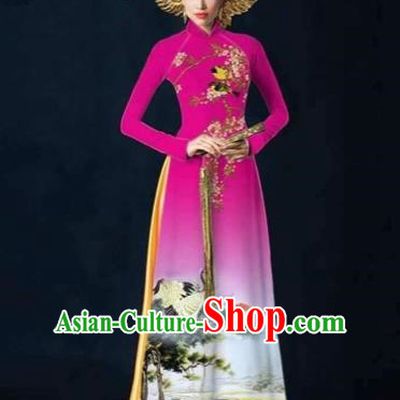 Traditional Top Grade Asian Vietnamese Costumes Dance Dress and Pants, Vietnam National Female Printing Crane Rose Ao Dai Dress Cheongsam Clothing Complete Set for Women