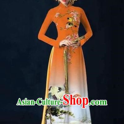 Traditional Top Grade Asian Vietnamese Costumes Dance Dress and Pants, Vietnam National Female Printing Crane Orange Ao Dai Dress Cheongsam Clothing Complete Set for Women