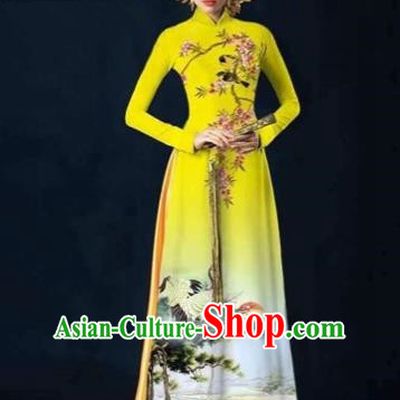 Traditional Top Grade Asian Vietnamese Costumes Dance Dress and Pants, Vietnam National Female Printing Crane Yellow Ao Dai Dress Cheongsam Clothing Complete Set for Women