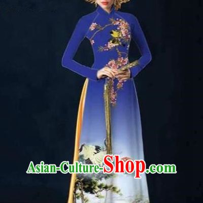 Traditional Top Grade Asian Vietnamese Costumes Dance Dress and Pants, Vietnam National Female Printing Crane Blue Ao Dai Dress Cheongsam Clothing Complete Set for Women