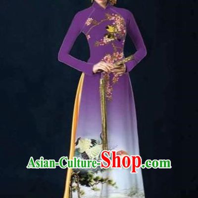 Traditional Top Grade Asian Vietnamese Costumes Dance Dress and Pants, Vietnam National Female Printing Crane Purple Ao Dai Dress Cheongsam Clothing Complete Set for Women