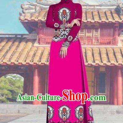 Traditional Top Grade Asian Vietnamese Costumes Dance Dress and Pants, Vietnam National Female Printing Rose Ao Dai Dress Cheongsam Clothing Complete Set for Women