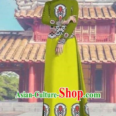 Traditional Top Grade Asian Vietnamese Costumes Dance Dress and Pants, Vietnam National Female Printing Green Ao Dai Dress Cheongsam Clothing Complete Set for Women