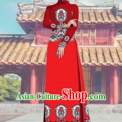 Traditional Top Grade Asian Vietnamese Costumes Dance Dress and Pants, Vietnam National Female Printing Red Ao Dai Dress Cheongsam Clothing Complete Set for Women
