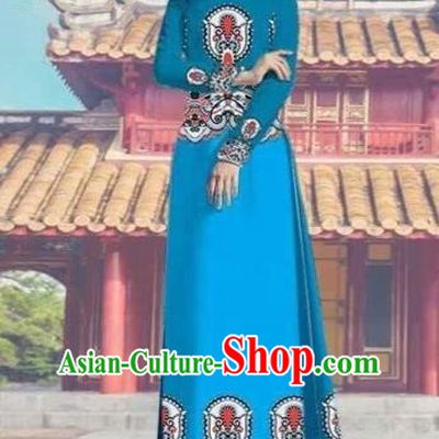 Traditional Top Grade Asian Vietnamese Costumes Dance Dress and Pants, Vietnam National Female Printing Blue Ao Dai Dress Cheongsam Clothing Complete Set for Women