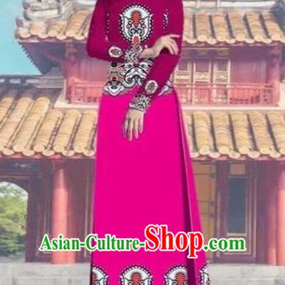 Traditional Top Grade Asian Vietnamese Costumes Dance Dress and Pants, Vietnam National Female Printing Rose Ao Dai Dress Cheongsam Clothing Complete Set for Women