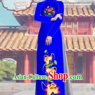 Traditional Top Grade Asian Vietnamese Costumes Dance Dress and Pants, Vietnam National Female Printing Royalblue Ao Dai Dress Cheongsam Clothing Complete Set for Women