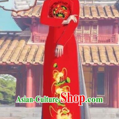 Traditional Top Grade Asian Vietnamese Costumes Dance Dress, Vietnam National Female Printing Lotus Red Ao Dai Dress Cheongsam Clothing Complete Set for Women