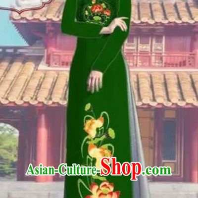 Traditional Top Grade Asian Vietnamese Costumes Dance Dress, Vietnam National Female Printing Lotus Green Ao Dai Dress Cheongsam Clothing Complete Set for Women
