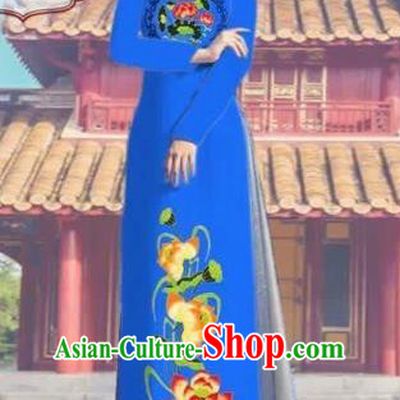 Traditional Top Grade Asian Vietnamese Costumes Dance Dress, Vietnam National Female Printing Lotus Blue Ao Dai Dress Cheongsam Clothing Complete Set for Women