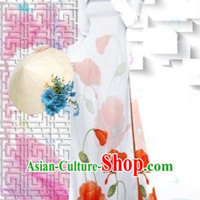 Traditional Top Grade Asian Vietnamese Costumes Dance Dress, Vietnam National Female Painting Red Flower Ao Dai Dress Cheongsam Clothing for Women