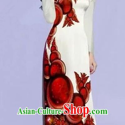 Traditional Top Grade Asian Vietnamese Costumes Dance Dress, Vietnam National Female Red Printing Ao Dai Dress Cheongsam Clothing for Women