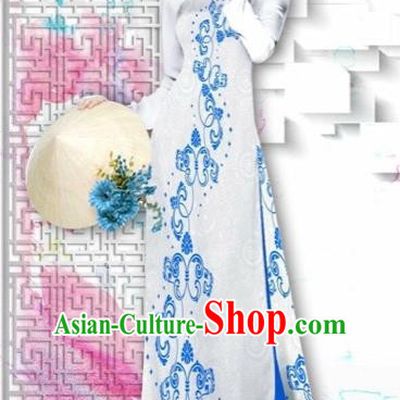 Traditional Top Grade Asian Vietnamese Costumes Dance Dress, Vietnam National Female Painting Blue Flower Ao Dai Dress Cheongsam Clothing for Women