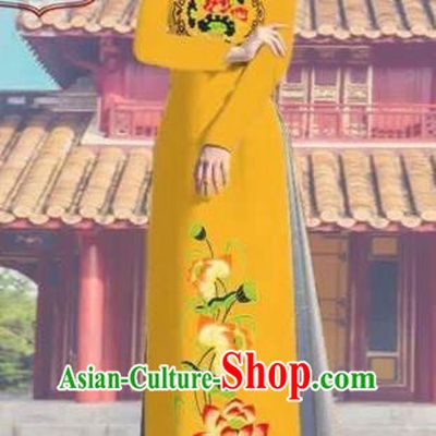 Traditional Top Grade Asian Vietnamese Costumes Dance Dress, Vietnam National Female Printing Lotus Yellow Ao Dai Dress Cheongsam Clothing Complete Set for Women