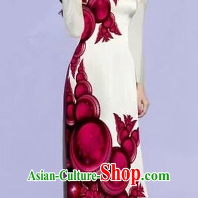 Traditional Top Grade Asian Vietnamese Costumes Dance Dress, Vietnam National Female Wine Red Printing Ao Dai Dress Cheongsam Clothing for Women