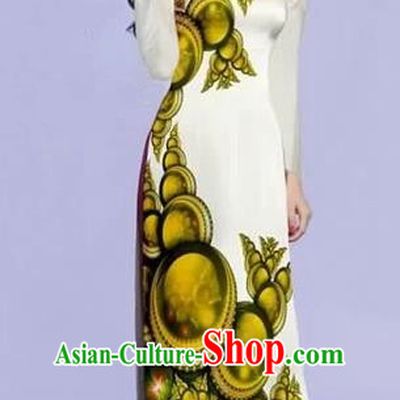 Traditional Top Grade Asian Vietnamese Costumes Dance Dress, Vietnam National Female Olive Green Printing Ao Dai Dress Cheongsam Clothing for Women