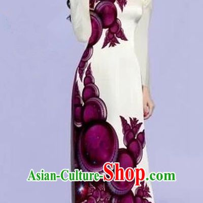 Traditional Top Grade Asian Vietnamese Costumes Dance Dress, Vietnam National Female Purple Printing Ao Dai Dress Cheongsam Clothing for Women