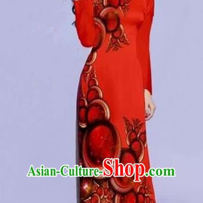 Traditional Top Grade Asian Vietnamese Costumes Dance Dress, Vietnam National Female Printing Red Ao Dai Dress Cheongsam Clothing for Women