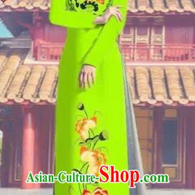 Traditional Top Grade Asian Vietnamese Costumes Dance Dress, Vietnam National Female Printing Lotus Bright Green Ao Dai Dress Cheongsam Clothing Complete Set for Women