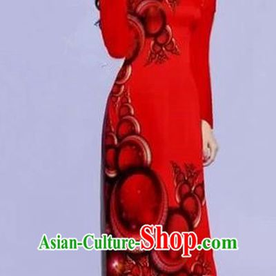 Traditional Top Grade Asian Vietnamese Costumes Dance Dress, Vietnam National Female Printing Dark Red Ao Dai Dress Cheongsam Clothing for Women