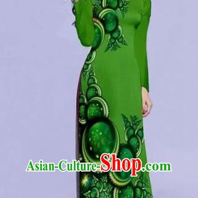 Traditional Top Grade Asian Vietnamese Costumes Dance Dress, Vietnam National Female Printing Green Ao Dai Dress Cheongsam Clothing for Women