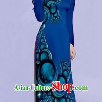 Traditional Top Grade Asian Vietnamese Costumes Dance Dress, Vietnam National Female Printing Peacock Blue Ao Dai Dress Cheongsam Clothing for Women