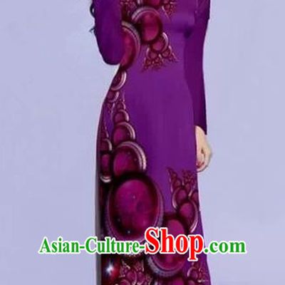 Traditional Top Grade Asian Vietnamese Costumes Dance Dress, Vietnam National Female Printing Purple Ao Dai Dress Cheongsam Clothing for Women