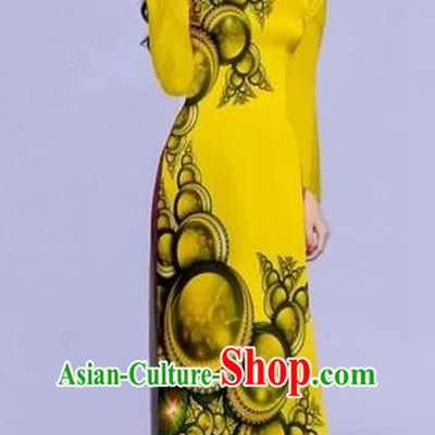 Traditional Top Grade Asian Vietnamese Costumes Dance Dress, Vietnam National Female Printing Yellow Ao Dai Dress Cheongsam Clothing for Women