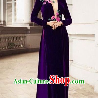 Traditional Top Grade Asian Vietnamese Costumes Dance Dress, Vietnam National Female Embroidered Ao Dai Dress Cheongsam Clothing for Women
