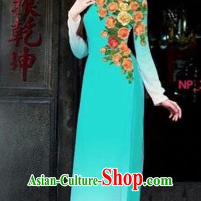 Traditional Top Grade Asian Vietnamese Costumes Dance Dress, Vietnam National Female Printing Flowers Blue Ao Dai Dress Cheongsam Clothing for Women
