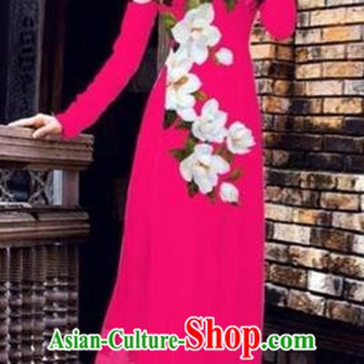 Traditional Top Grade Asian Vietnamese Costumes Dance Dress, Vietnam National Female Printing Flowers Rose Ao Dai Dress Cheongsam Clothing for Women