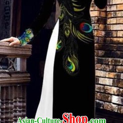 Traditional Top Grade Asian Vietnamese Costumes Dance Dress, Vietnam National Female Printing Feather Black Ao Dai Dress Cheongsam Clothing for Women