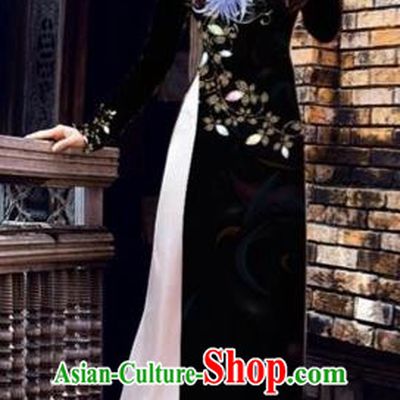 Traditional Top Grade Asian Vietnamese Costumes Dance Dress, Vietnam National Female Printing Flowers Black Ao Dai Dress Cheongsam Clothing for Women