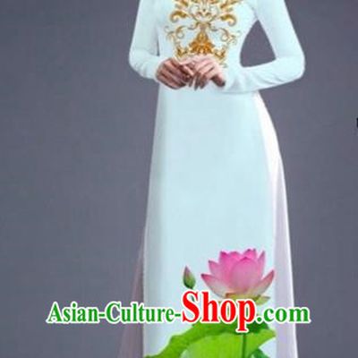 Traditional Top Grade Asian Vietnamese Costumes Dance Dress, Vietnam National Female Printing Lotus Flowers White Ao Dai Dress Cheongsam Clothing for Women