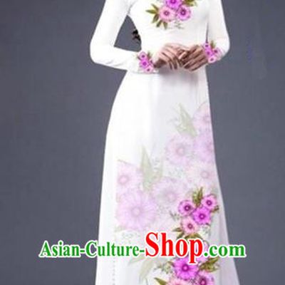 Traditional Top Grade Asian Vietnamese Costumes Dance Dress, Vietnam National Female Painting Flowers White Ao Dai Dress Cheongsam Clothing for Women