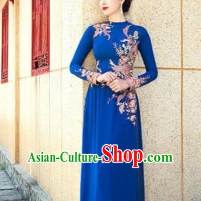 Traditional Top Grade Asian Vietnamese Costumes Dance Dress, Vietnam National Female Embroidering Flower Beads Ao Dai Dress Cheongsam Clothing for Women