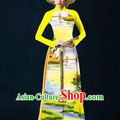 Traditional Top Grade Asian Vietnamese Costumes Dance Dress, Vietnam National Women Ao Dai Dress Printing Landscape Yellow Cheongsam Clothing