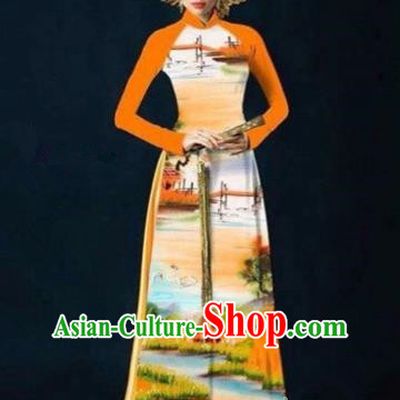 Traditional Top Grade Asian Vietnamese Costumes Dance Dress, Vietnam National Women Ao Dai Dress Printing Landscape Orange Cheongsam Clothing