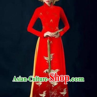 Traditional Top Grade Asian Vietnamese Costumes Dance Dress, Vietnam National Women Ao Dai Dress Printing Red Cheongsam Clothing