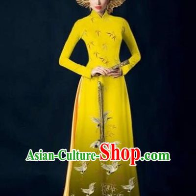 Traditional Top Grade Asian Vietnamese Costumes Dance Dress, Vietnam National Women Ao Dai Dress Printing Yellow Cheongsam Clothing