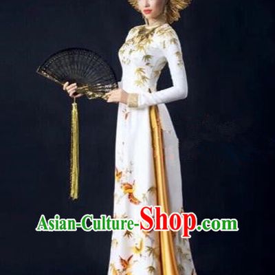 Traditional Top Grade Asian Vietnamese Costumes Dance Dress, Vietnam National Women Ao Dai Dress Printing White Cheongsam Clothing