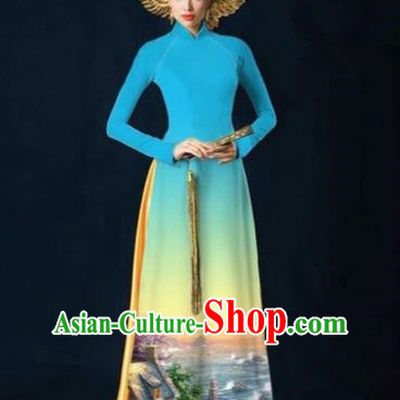 Traditional Top Grade Asian Vietnamese Costumes Dance Dress, Vietnam National Women Ao Dai Dress Printing View Blue Cheongsam Clothing